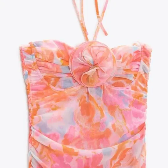 ZARA PRINTED TULLE MIDI DRESS PINK FLORAL - Picture 14 of 17